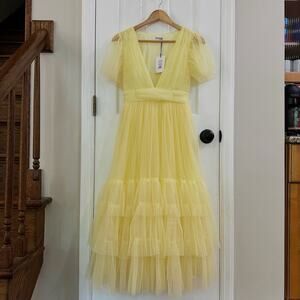 NWT! Showpo. Jiraye Midi Dress Flutter Sleeve Tuelle Plunge Dress Lemon Size 4